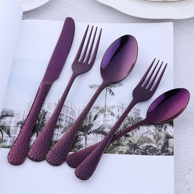 5-Piece Purple Silverware Flatware Set Service for 1 Stainless Steel Cutlery Set Include Dinner Knife Table Fork Table Spoon Salad Fork Tea Spoon for Wedding, Dishwasher Safe