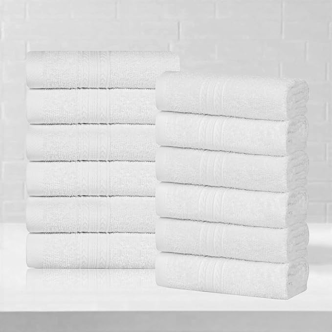 Superior Eco-Friendly Cotton 12-Piece Face Towel/Washcloth Set, Small, Fast Drying Towels for Face, Spa, Resort, Hotel, Hand, Shower, Guest Bathroom, Home, Airbnb, Apartment Essentials, White