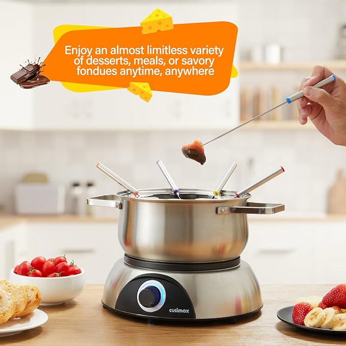 CUSIMAX Electric Fondue Set, 1500W Electric Fondue Pot with Luminated Control Dial, 8 Colour Coded Stainless Steel Forks, For Chocolate, Cheese, Broth, Oil, Stainless Steel Fondue Maker, 1.4Quart
