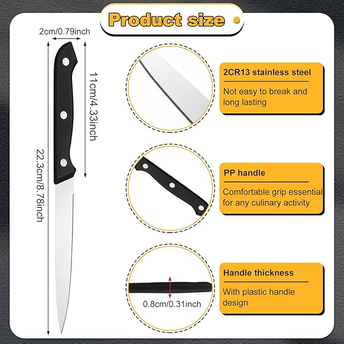 Lasnten 100 Pcs 8.78 Inches Stainless Steel Steak Knives Set Pointed Tip Plastic Handle Kitchen Steak Knife for Restaurant Tableware Camping Wedding Party, Black