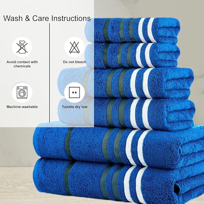 CASA COPENHAGEN Exotic 6 Pieces Towel Set- Electric Blue, 525 GSM 2 Bath Towel 2 Hand Towel 2 Washcloth, Designed in Denmark Made of Soft Egyptian Cotton for Bathroom, Kitchen & Shower