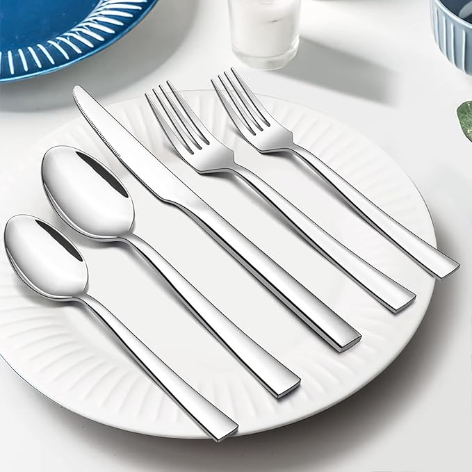 10-Piece Silverware Set, E-far Stainless Steel Flatware Set Service for 2, Modern Tableware Cutlery Set for Home and Restaurant, Square Edge & Mirror Finish, Dishwasher Safe