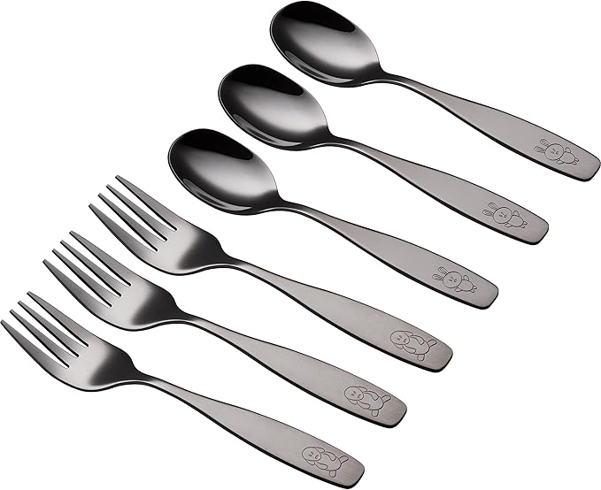 ANNOVA Kids Silverware Children's Safe Flatware Set Stainless Steel - Children Forks, Children Tablespoons, Toddler Utensils, Metal Cutlery Set for LunchBox (Black Gold, 6)