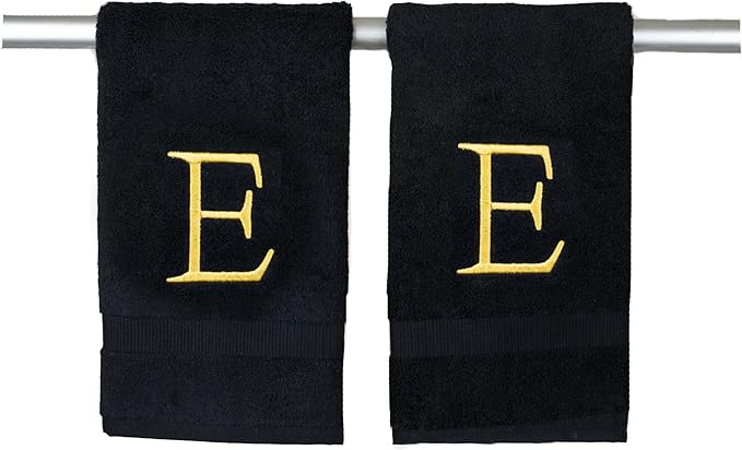 Black Monogram Hand Towel for Bathroom - Monogrammed Initial Hotel Quality Decorative Embroidered Luxury Towel for Powder Room, Spa - GOTS Organic Certified - Pack of 2, Letter E