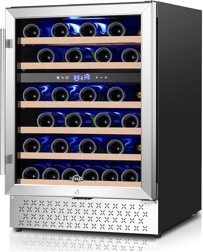 Tylza 24 Inch Wine Fridge, Dual Zone 54 Bottles Wine Refrigerator, Built-In or Freestanding, Safety Lock, Double-Layer Glass Door, Adjustable Shelves, Wine Cooler Refrigerator for Home Bar Kitchen