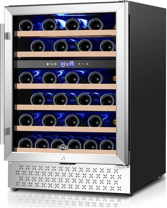 Tylza 24 Inch Wine Fridge, Dual Zone 54 Bottles Wine Refrigerator, Built-In or Freestanding, Safety Lock, Double-Layer Glass Door, Adjustable Shelves, Wine Cooler Refrigerator for Home Bar Kitchen