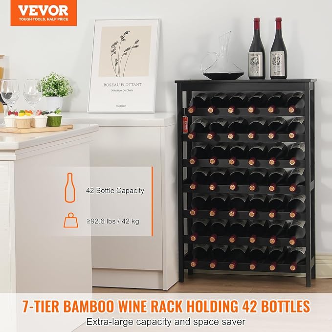 VEVOR 42 Bottle Modular Wine Rack, 7-Tier Solid Bamboo Wood Storage Racks with Table Top, Floor Freestanding Wines Holder Display Shelf, Wobble-Free Shelves for Kitchen, Bar, and Cellar (Black)
