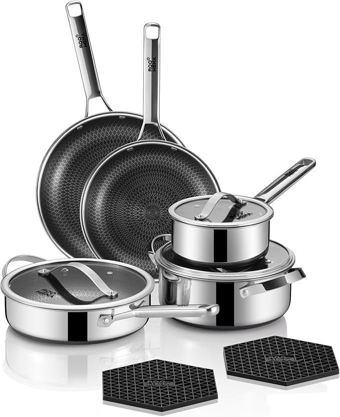 Pots and Pans Set Hybrid Stainless Steel, 10PC Nonstick Tri-Ply Cookware Set w/Frying Au Gratin pan, Dishwasher & Oven Safe, PFOA-Free, Metal Utensil Safe, Suitable for All Cooktops
