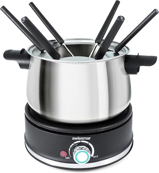 Swissmar Arolla 10 Pieces Stainless Steel Electric Fondue Set - Perfect Fondue Pot Electric Set for Cheese, Caramel, Chocolate, Oil, Broth & More - Gift Ideas for Wedding, House Warming, 2.1 Qt / 2L