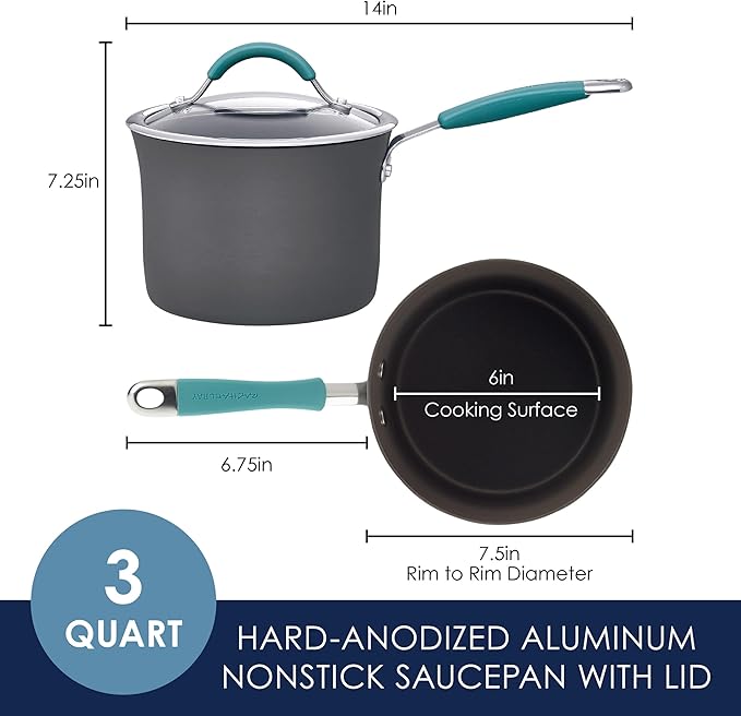 Rachael Ray Cucina Hard Anodized Nonstick Sauce Pan/Saucepan with Lid, 3 Quart, Blue