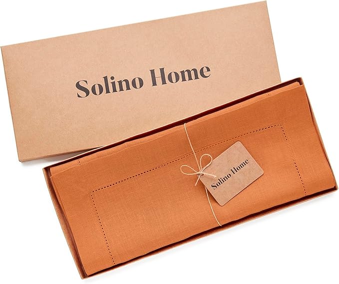 Solino Home Linen Pumpkin Table Runner 90 Inches Long - 100% Pure Linen Hemstitch 14 x 90 Inch Table Runner for Dining, Holiday - Classic Hemstitch
