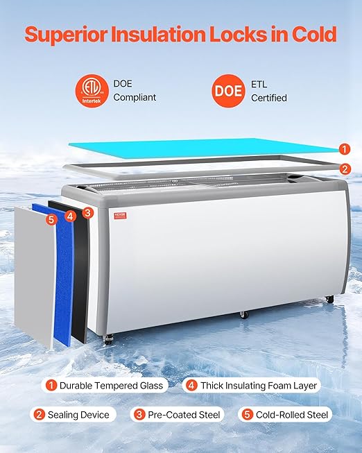 VEVOR Commercial Ice Cream Display Case, 20 Cu.ft Chest Freezer, Restaurant Gelato Dipping Cabinet Top Deep Freezer with Locking Casters, Sliding Glass Door, LED Lighting, Hold 12 Ice Cream Tubs