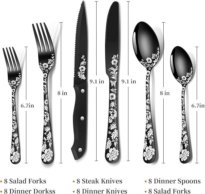 48-Piece Black Silverware Set with Steak Knife, Black Flatware Sets for 8, Stainless Steel Cutlery Set Includes Forks Knives Spoons,Unique Pattern Design，Mirror Polished and Dishwasher Safe