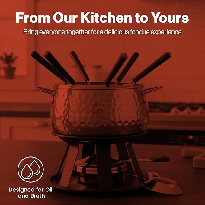 Swissmar Biel 11-Piece Copper-Plated Fondue Set – Hammered Finish – Ideal for Oil & Broth Cooking – Perfect for Entertaining, Kitchen Collections & Wedding Gifts – 2 Liter / 2.1 Quarts