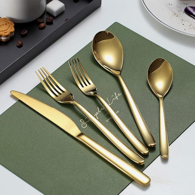 HOMQUEN 40-Piece Gold Silverware Set, Gold Flatware Set for 8, Stainless Steel Tableware Cutlery Set, Utensil Sets for Kitchen, Forks and Spoons Silverware (Shiny Gold)