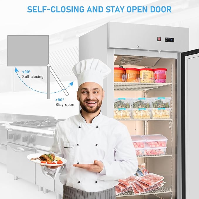 Commercial Freezer, 27"W Upright Freezer Stainless Steel, 20 Cu Ft Commercial Standup Freezer with 4 Adjustable Shelves, Self-Closing Reach-in Cooling Single Solid Door Freezer for Kitchen, Restaurant