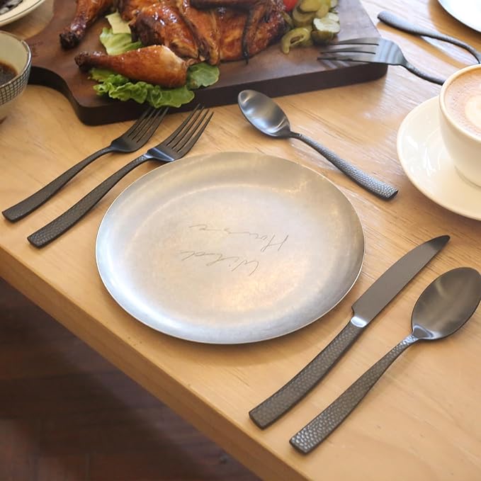 Silverware 45-Piece Matte Black Hammered Flatware Set with Serving Utensils, Stainless Steel Thick Handle Matte Polished Cutlery Set for Wedding Hotel Restaurant, Service for 8