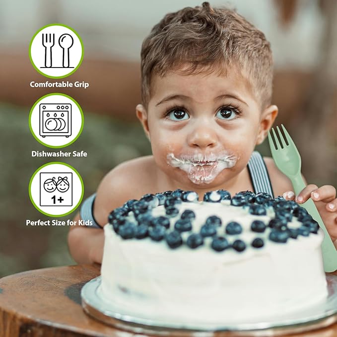 12 Pcs Kids Spoons and Forks Toddler Utensils Plastics Reusable Silverware Baby Cutlery Set Feeding Dinnerware Utensils BPA Free Microwave Dishwasher and Freezer Safe- Light Green