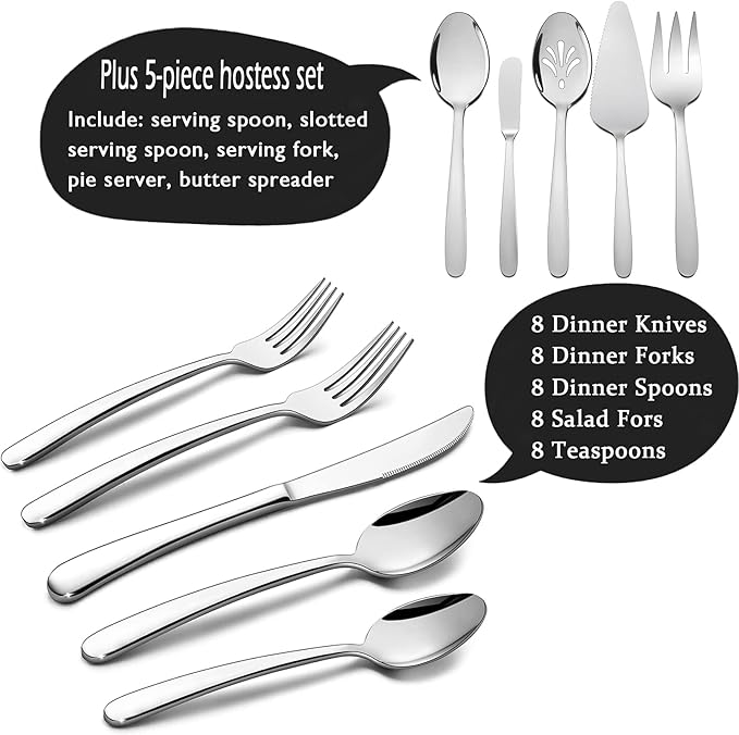 HaWare Heavy Duty Silverware Set, 65 Pieces Stainless Steel Flatware with Serving Utensils, Weight Tableware for 12, Modern Cutlery for Home, Dishwasher Safe, Mirror Polished