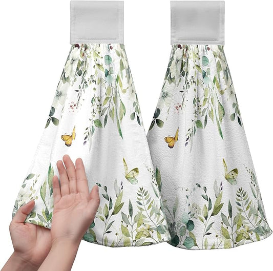 Eucalyptus Leaves Green Hanging Kitchen Towels Flowers Butterfly Hand Towels with Hanging Loop Sage Leaf Summer Dish Towel Washcloth Soft Tie Towel for Bath Kitchen