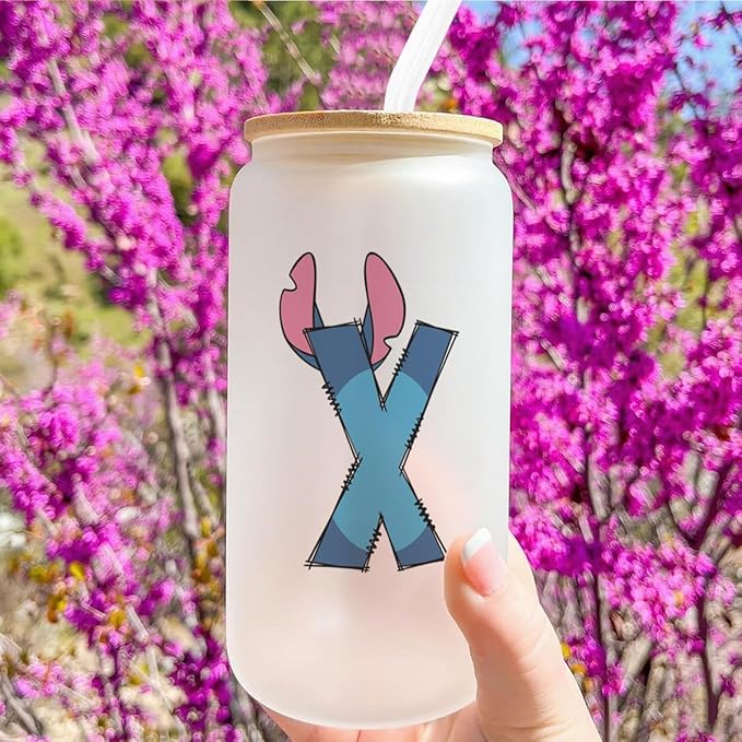 Cute Cartoon Lover Gifts Initial A-Z Personalized Iced Coffee Cup Cartoon Merch 16oz Glass Cup with Lid and Straws Birthday Christmas Gifts for Women Teen Girls Fans (Letter X)