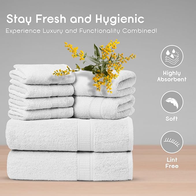 Ariv Towels Pack of 8, Premium Cotton Towel Set (2 Bath Towels + 2 Hand Towels + 4 Washcloths), Large, Super Soft, Quick Dry, Highly Absorbent for Home, Bathroom, Gym, Hotel & Spa - White