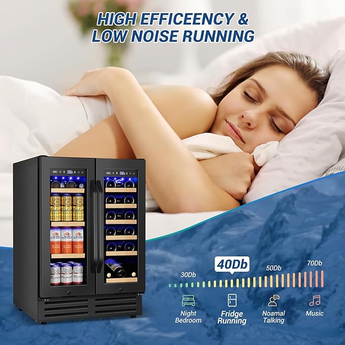 Wine and Beverage Refrigerator Black, 24 Inch Beverage Cooler Under Counter Dual Zone with Glass Door&Lock, 18 Bottles and 68 Cans Large Capacity for Beer Soda Drink, Built-In or Freestanding Fridge