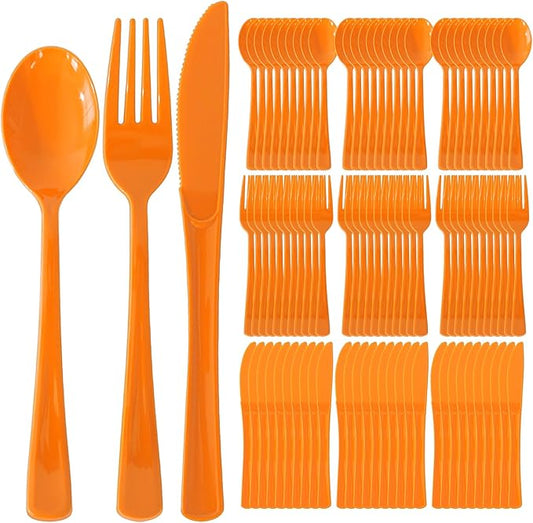150 Pack Disposable Plastic Silverware, Heavy Duty Orange Plastic Cutlery Set Includes 50 Forks 50 Knives 50 Spoons for Birthday Wedding Party Picnics (150, Orange)