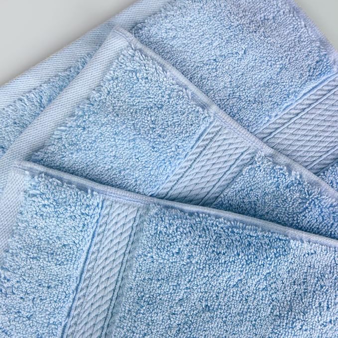Superior Egyptian Cotton Pile Face Towel/Washcloth Set of 6, Ultra Soft Luxury Towels, Thick Plush Essentials, Absorbent Heavyweight, Guest Bath, Hotel, Spa, Home Bathroom, Shower Basics, Light Blue