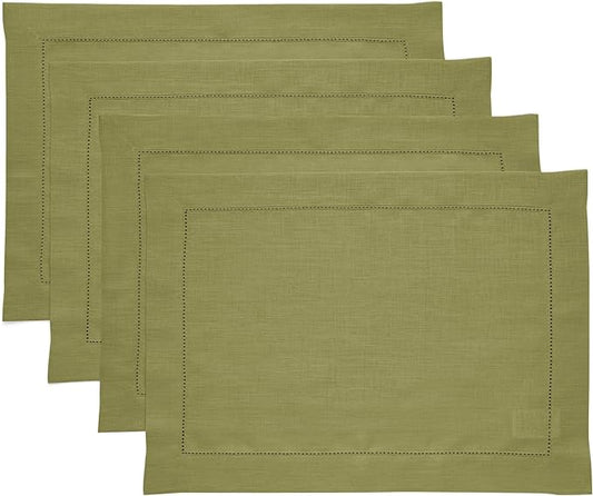 Solino Home Linen Placemats Set of 4 - Classic Hemstitch Avocado Green Placemats 14 x 19 Inch - 100% Pure Linen Table Mats for Winter