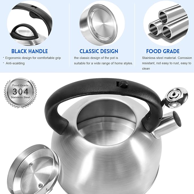 GGC Whistling Stove Top Tea Kettles, 304 Stainless Steel Tea Kettles with Anti-Heat Handle, 2.7QT/3L Tea Pot for Boiling Water, Coffee or Milk