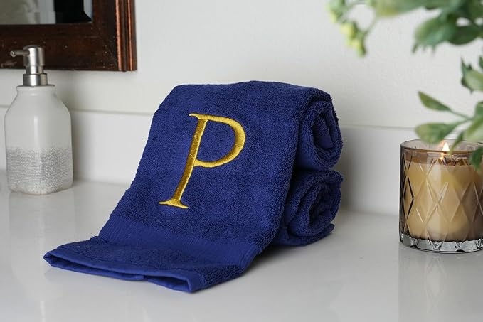 Navy Monogrammed Hand Towel for Bathroom - Initial Hotel Quality Decorative Embroidered Luxury Towel for Powder Room, Spa - GOTS Organic Certified - Set of 2 Gold Letter P