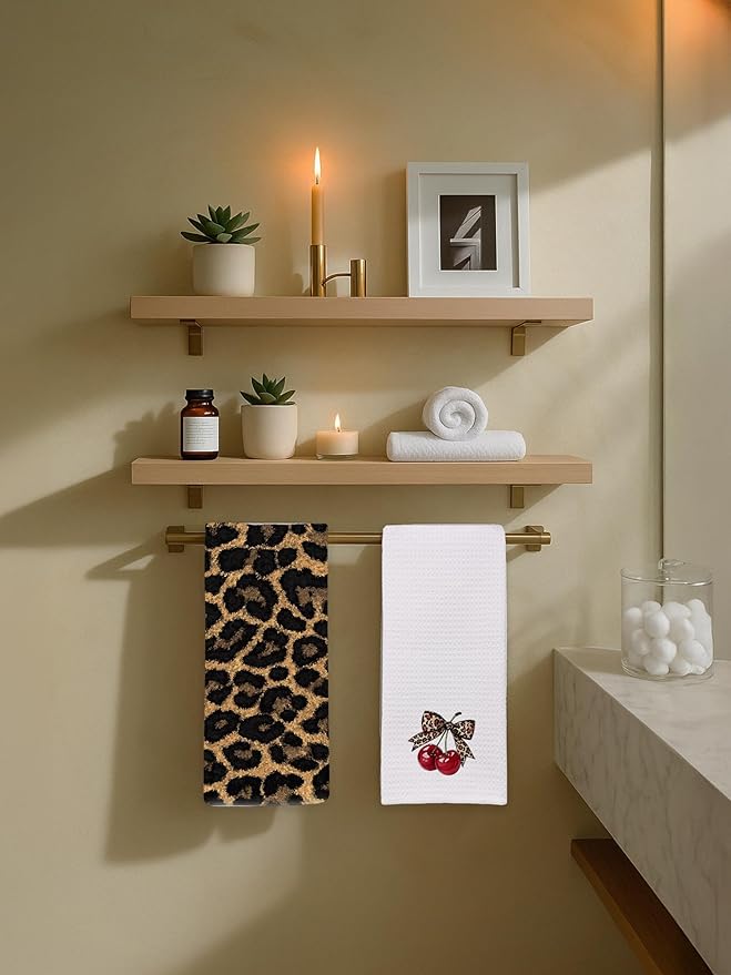 Leopard Bathroom Hand Towels Set of 2 - Cheetah Bow with Cherry Guest Hand Towels, Leopard Print Dish Tea Towels for Kitchen Decor, Cherry Themed Gifts for His Hers, Housewarming Gift Idea