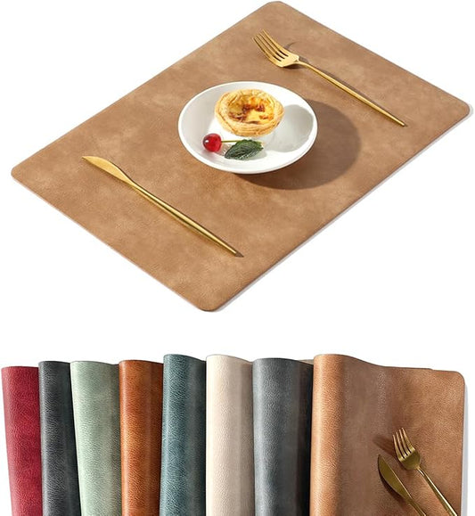 UnivoColors Washed Cowhide Pattern PU Leather Placemats Set of 6 Heat Resistant Kitchen Table Mats, Waterproof Wipeable for Party Decoration(Camel)