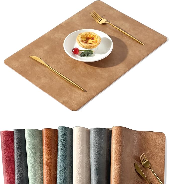 UnivoColors Washed Cowhide Pattern PU Leather Placemats Set of 8 Heat Resistant Kitchen Table Mats, Waterproof Wipeable for Party Decoration(Camel)