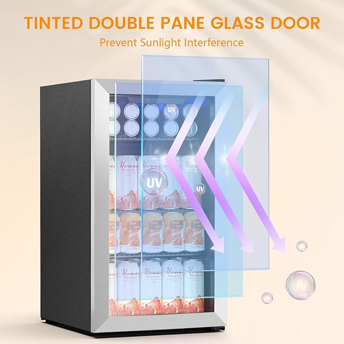 130 Can Beverage Refrigerator Built In Freestanding Wine Fridge with Stainless Steel Reversible Glass Door, Quiet Compressor LED Touch Control for Home Kitchen Bar, 3.2 Cu.ft Silver