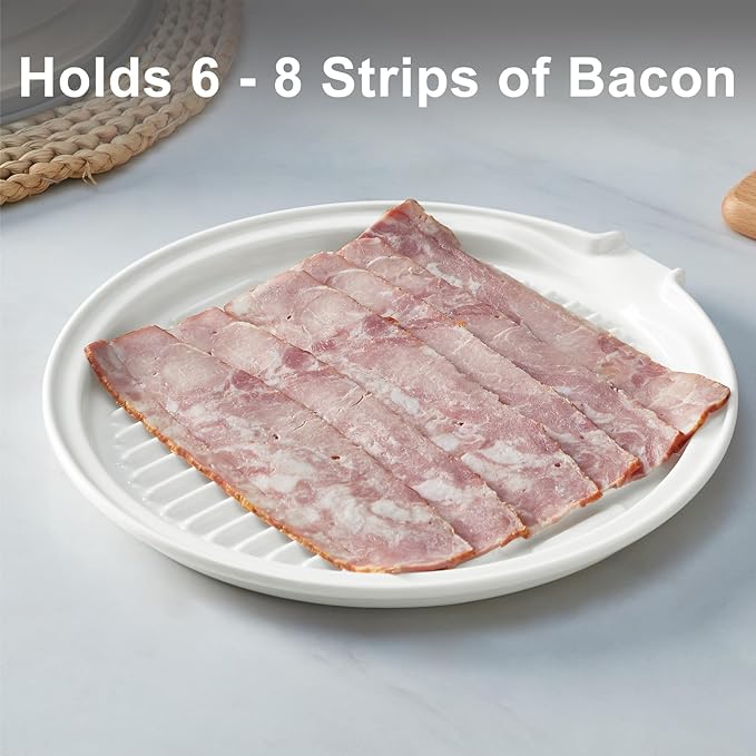 ONEMORE Microwave Bacon Tray with Lid Ceramic Bacon Cooker Meat Rack for Oven Cooking Crispy Bacon Maker with Cover - 11 inch Round Bacon Dish Plate, White