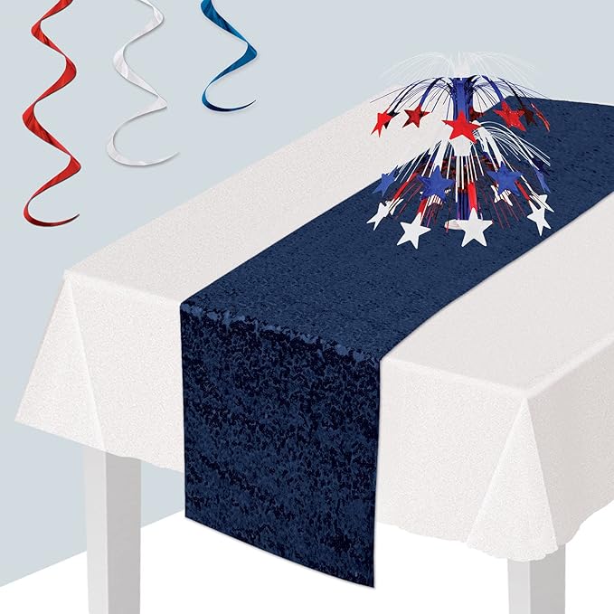 Beistle Sparkly Sequin Table Runner for Birthday Wedding Reception, Baby Shower, Party Event Tableware, 11.25" x 75", Navy Blue