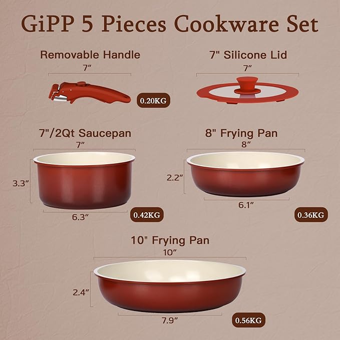 GiPP 5PCS Pots and Pans Set Non Stick, Nonstick Cookware Set Detachable Handle,Ceramic Pots for Cooking Non Stick with Removable Handle, RV Cookware Set, Red Black Gradien