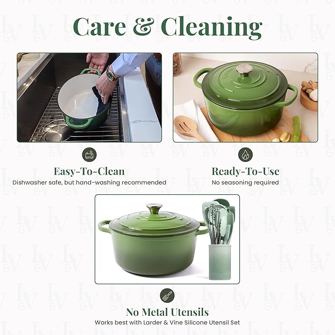 Larder & Vine Enameled Cast Iron 5.7qt Dutch Oven Pot with Lid | Bread Baking | Compatible on All Cooktops & Oven Safe to 500° F | Great for Sourdough Bread | Okra