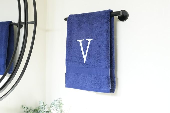Navy Initial Hand Towel for Bathroom - Monogrammed Luxury Hotel Quality Decorative Embroidered Towel for Powder Room, Spa - GOTS Organic Certified - Set of 2 Letter V