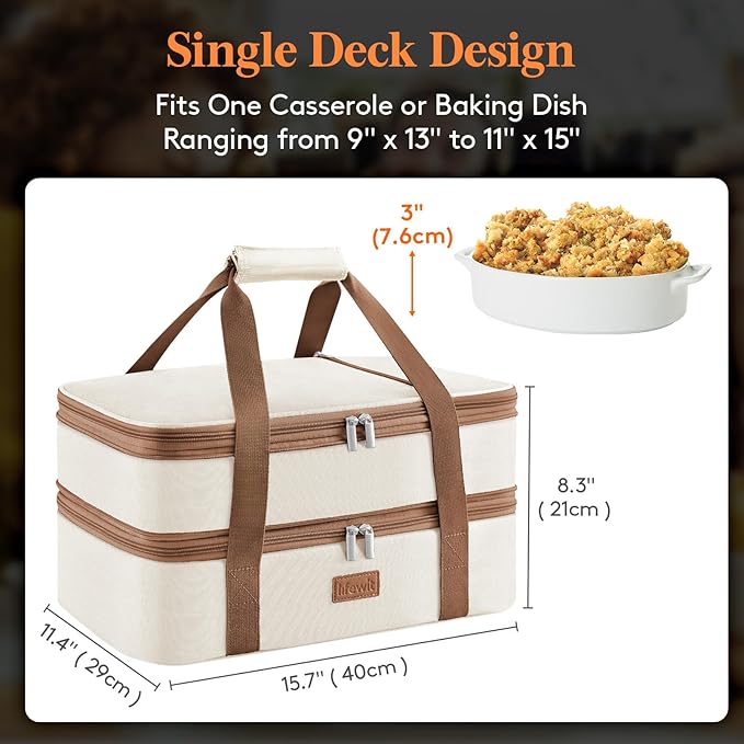 Lifewit Double Decker Insulated Casserole Carrier for Hot or Cold Food, Casserole Dish with Lid and Carrying Case, Lasagna Holder for Potluck Parties/Picnic/Cookouts, Fits 9"x13" Baking Dish, Beige