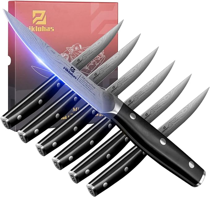 Steak Knives Set of 6, 4.5 Inch Non Serrated Dinner Knife, Forged German Steel Damascus Pattern Straight Edge Meat Knife with Full Tang Handle, Dishwasher Safe, Ideal for Gift