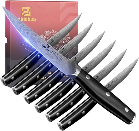 Steak Knives Set of 6, 4.5 Inch Non Serrated Dinner Knife, Forged German Steel Damascus Pattern Straight Edge Meat Knife with Full Tang Handle, Dishwasher Safe, Ideal for Gift