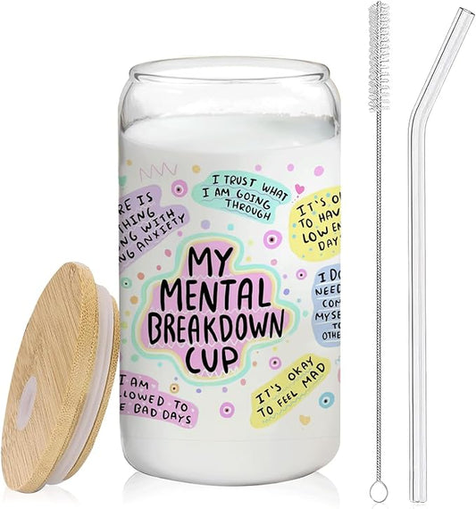 Positive Mental Health Gifts - My Mental Breakdown Cup Glass Cup with Lids and Straws 14oz, Inspirational Daily Affirmations for Women, Glass Coffee Tumbler Drinking Jars with Cleaning Brush