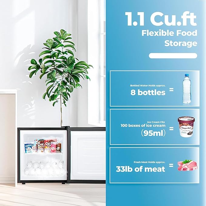 1.2 Cu.ft Upright Freezer, Small Mini Freezer with Adjustable Thermostat, Removable Shelves, Reversible Single Door, for Bedroom/Home/Dorms/Apartment (White)