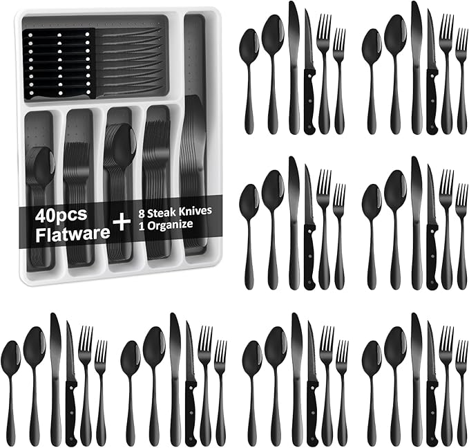 49Pcs Silverware Set with Organizer, Silver Stainless Steel Flatware Set for 8 Cutlery Utensil Sets with Steak Knives, Spoons and Forks Set, Dishwasher Safe