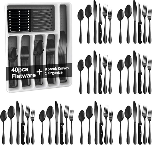 49Pcs Silverware Set with Organizer, Silver Stainless Steel Flatware Set for 8 Cutlery Utensil Sets with Steak Knives, Spoons and Forks Set, Dishwasher Safe