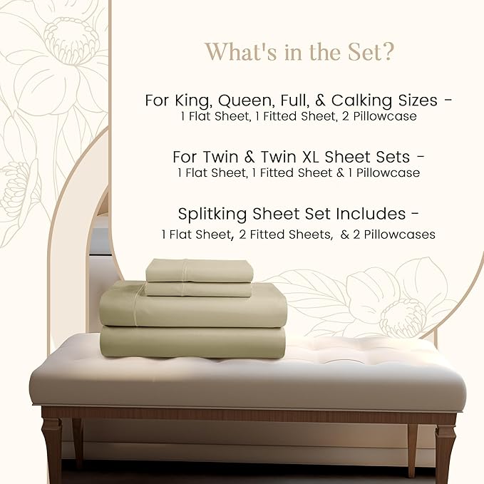 100% Egyptian Cotton Bed Sheets, Certified 800 Thread Count Deep Pocket Queen Sheets For Queen Size Bed Sheet & Pillowcase Sets, Soft & Comfy Naturally Cool Luxury Bedding, Fits upto 17"- Linen