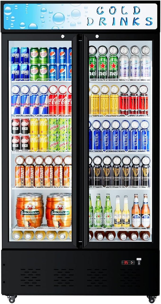 Commercial Beverage Refrigerator, 30 Cu.ft. Fridge Display Glass Door Upright Display Door with Adjustable Shelves LED Light for Restaurant,Grocery Stores,Office